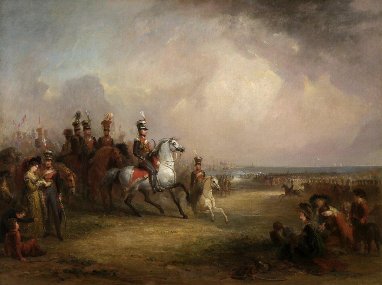 Oberst Sir John Leicester, Bt, og Kings Cheshire Yeomanry Cavalry træner på sandet ved Liverpool af George Jones