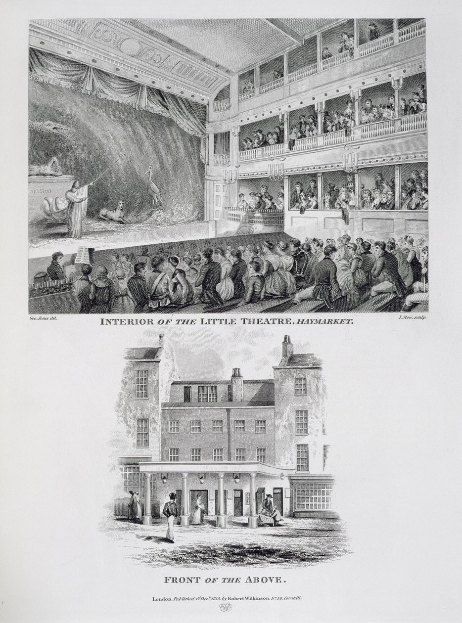 Interiør af Little Theatre, Haymarket i London og Front of the Above, indgraveret af James Stow (ca. 1770-1820) 1815 af George Jones