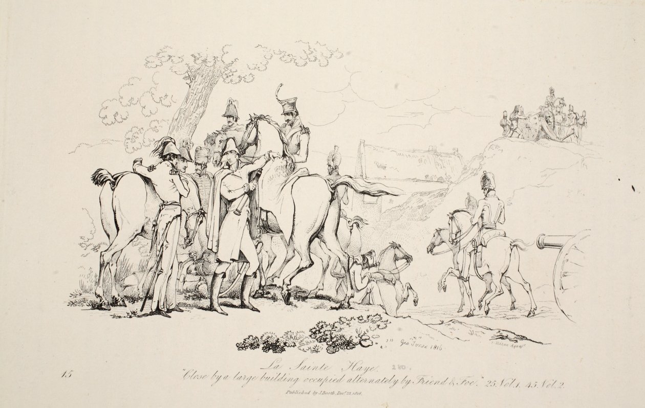 La Sainte Haye: Tæt på en stor bygning optaget skiftevis af Friend and Foe, pub. J. Booth, 1816 af George Jones