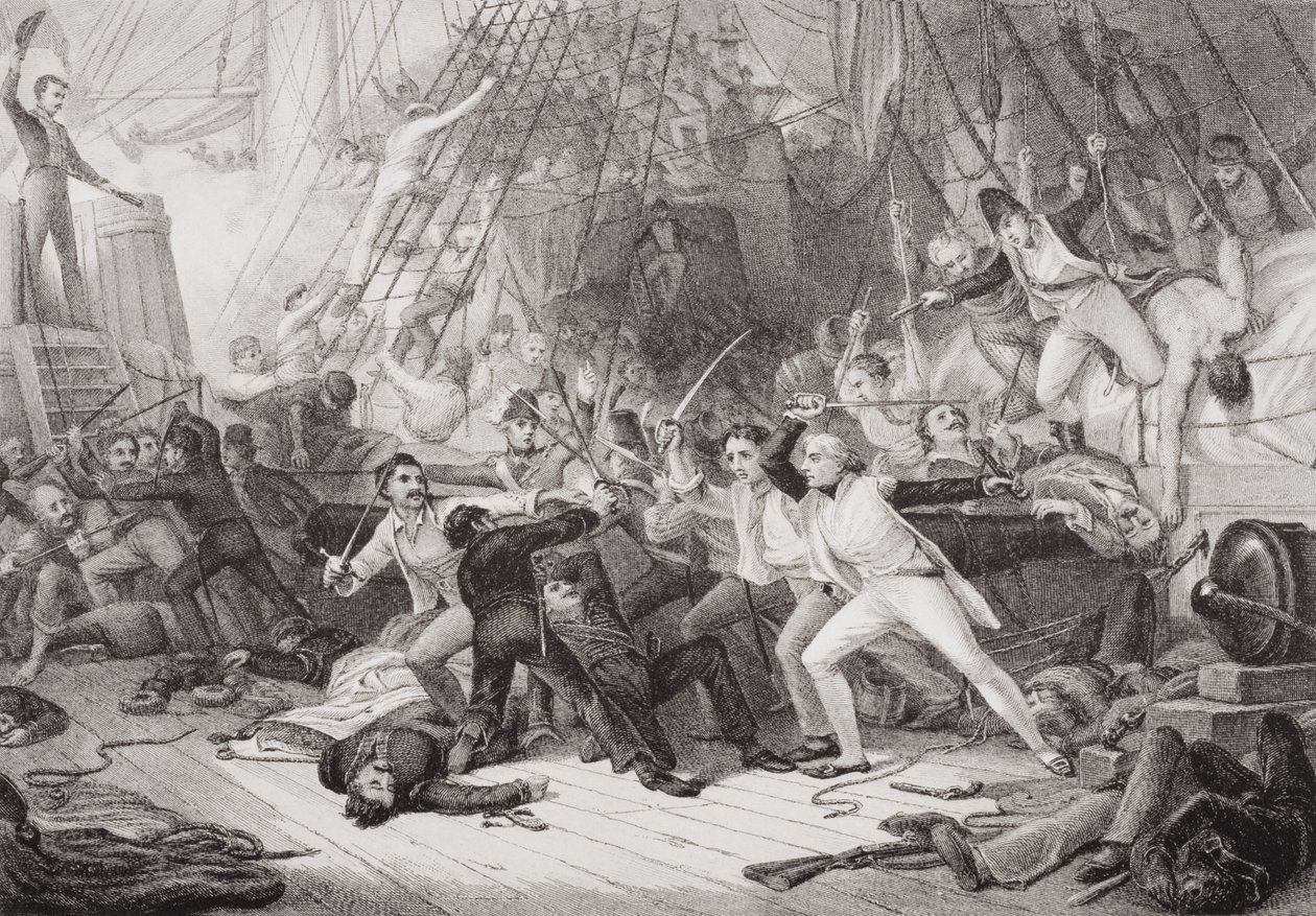 Nelson går ombord på San Josef i slaget ved St. Vincent, 14. februar 1797, fra `Illustrationer af engelsk og skotsk historie