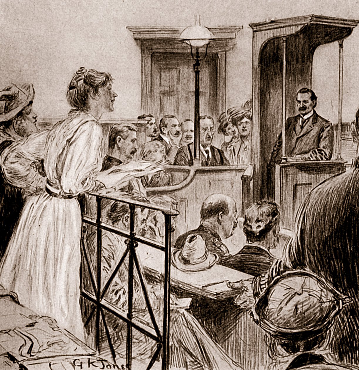 Frøken Christabel Pankhurst udspørger hr. Herbert Gladstone, 1909 (tegning) af George Kingston Jones