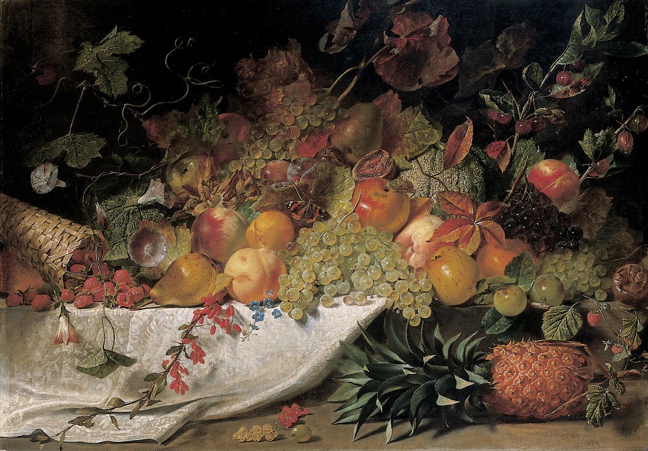 Frugt og blomster på en stenkant, 1829 af George Lance