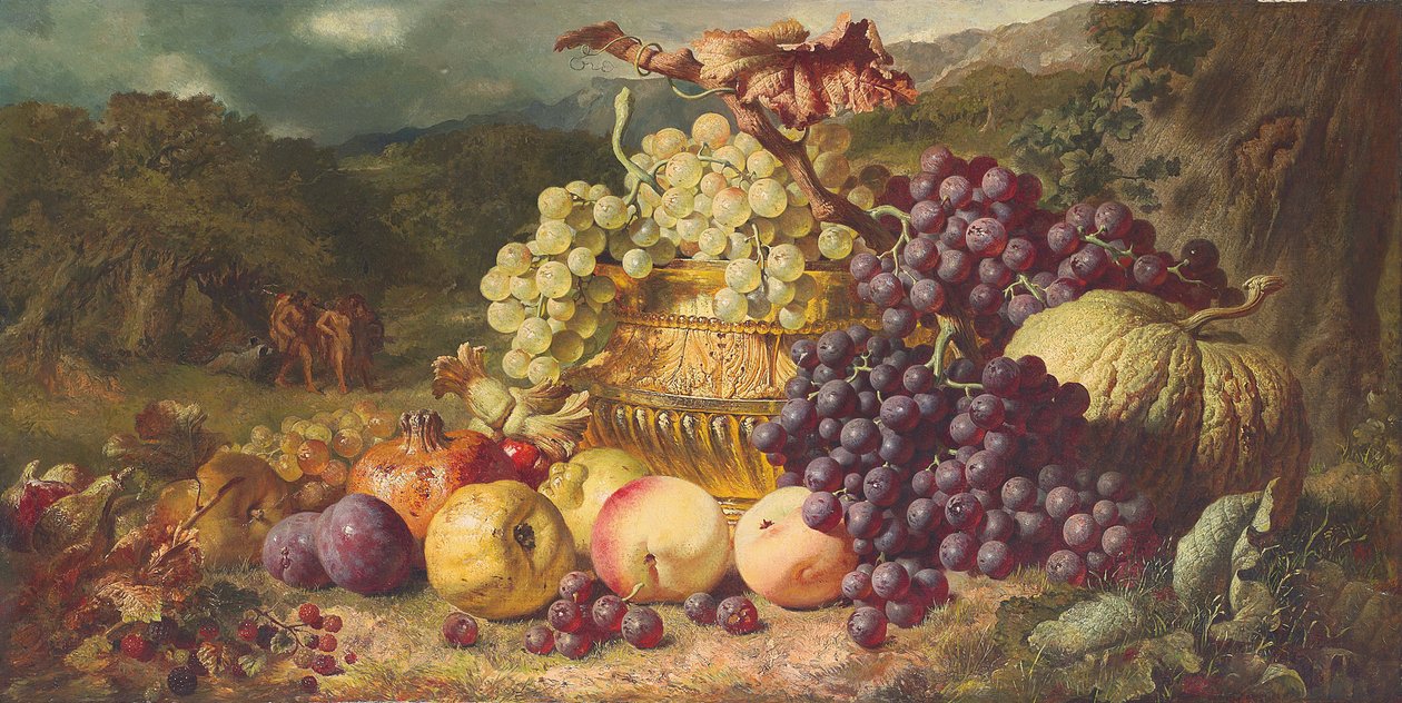 Stilleben med frugt i et landskab, et jagtselskab hinsides, 1859 af George Lance