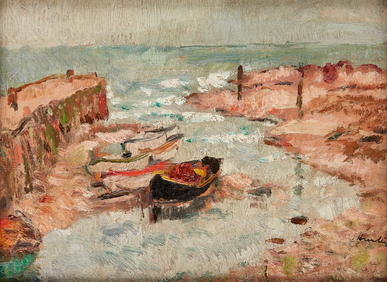 Strandede både, Lower Largo (olie på panel) af George Leslie Hunter