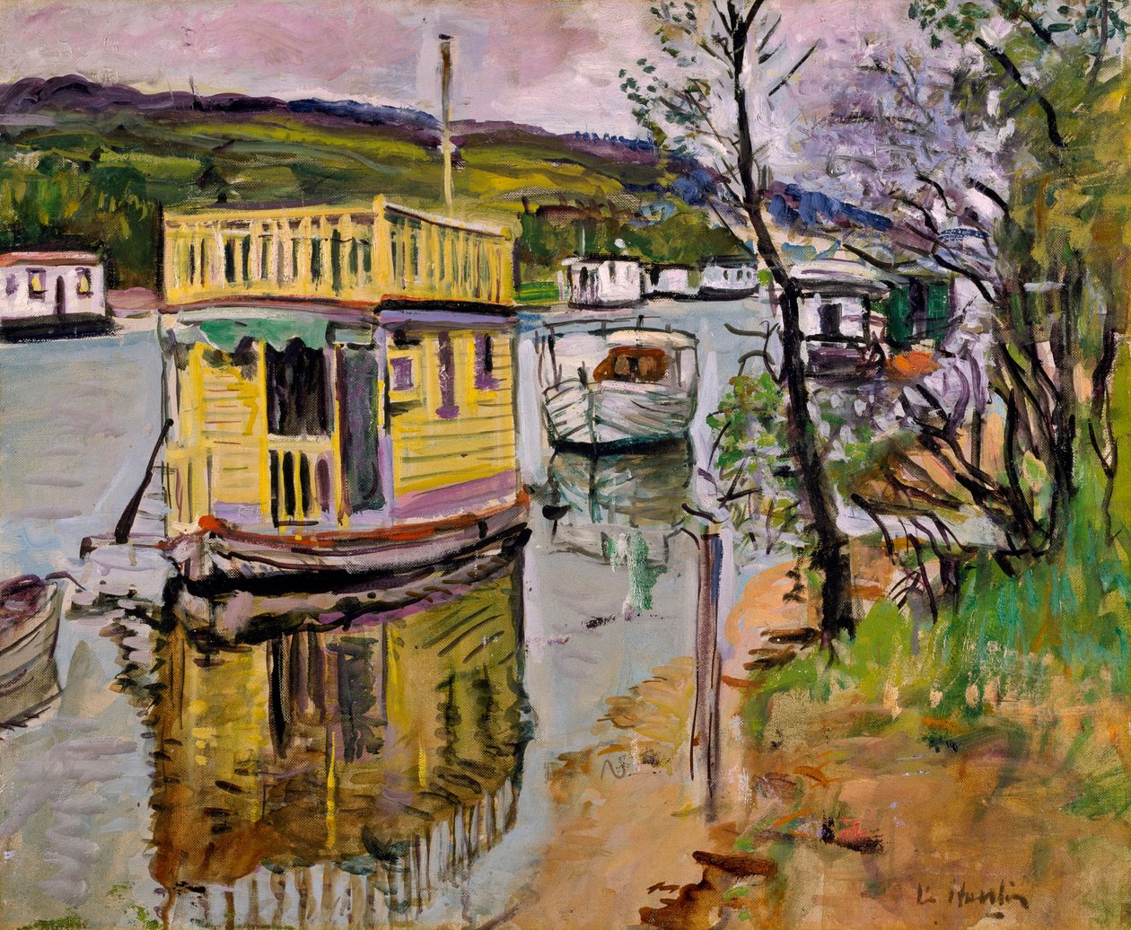 Houseboats, Loch Lomond (olie på lærred) af George Leslie Hunter