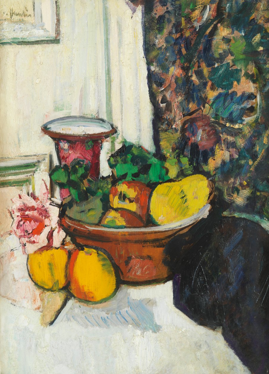 Stilleben med frugt og lyserød rose (olie om bord) af George Leslie Hunter