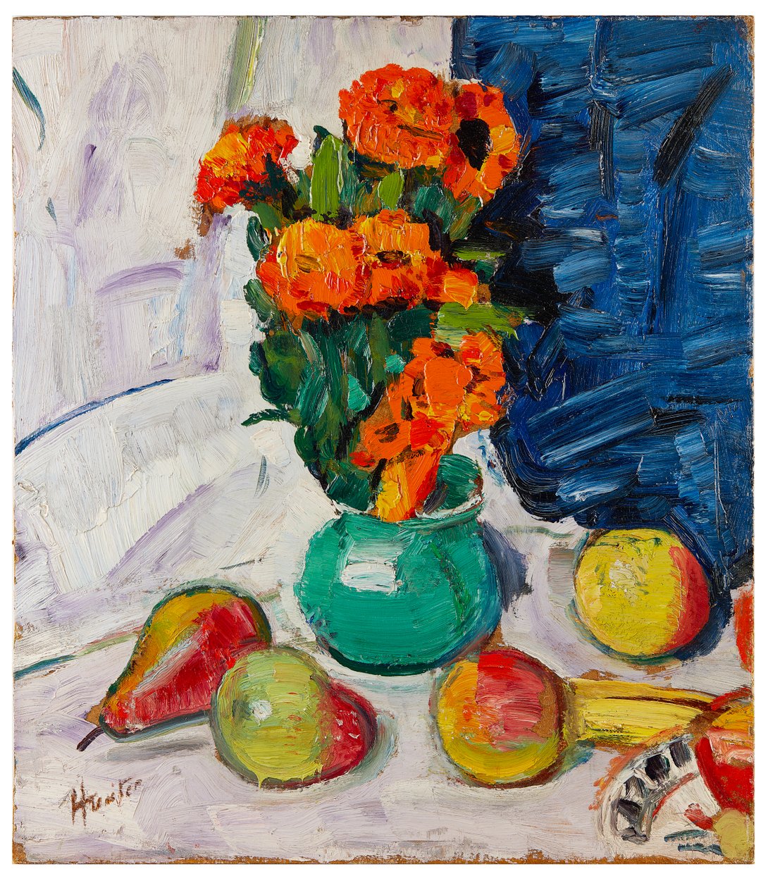 Stilleben med morgenfruer (olie om bord) af George Leslie Hunter