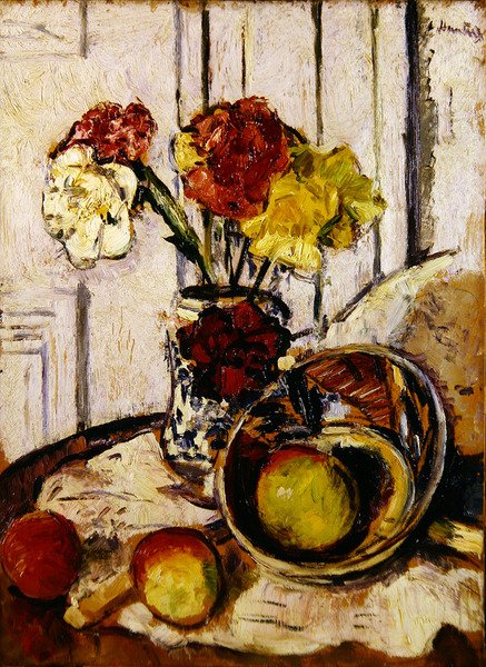 Stilleben med æbler og nelliker (olie på panel) af George Leslie Hunter