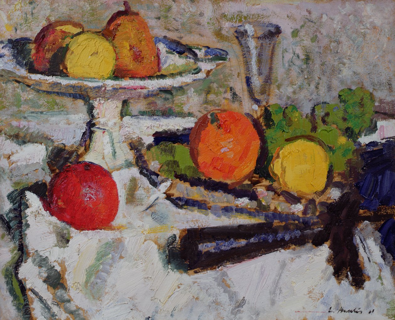 Stilleben af frugt på en hvid dug, 1921 af George Leslie Hunter