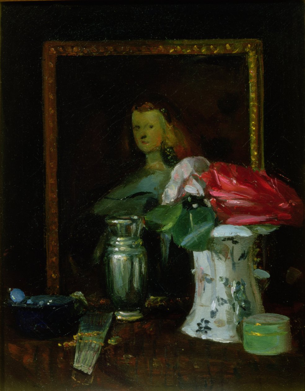 Stilleben med roser, portræt, vase og vifte af George Leslie Hunter