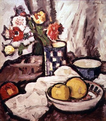 Stilleben af roser og frugt (olie på lærred) af George Leslie Hunter