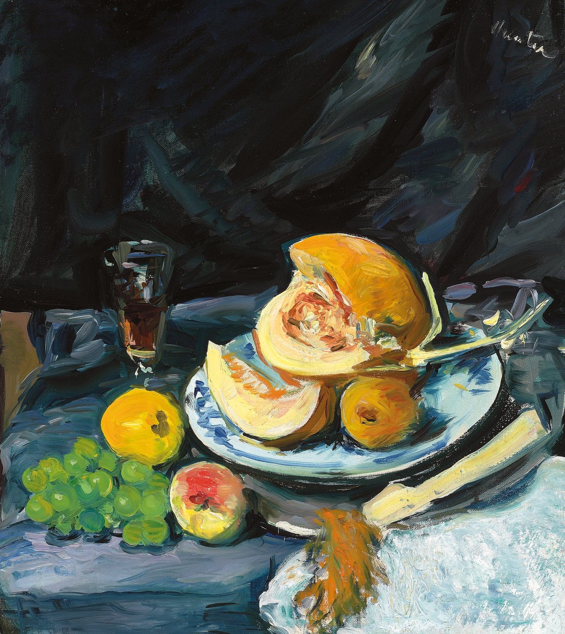 Stilleben med skåret melon, glas og vifte, ca. 1920 af George Leslie Hunter
