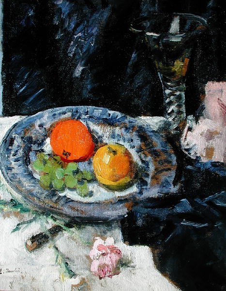 Stilleben med frugt (olie på lærred) af George Leslie Hunter