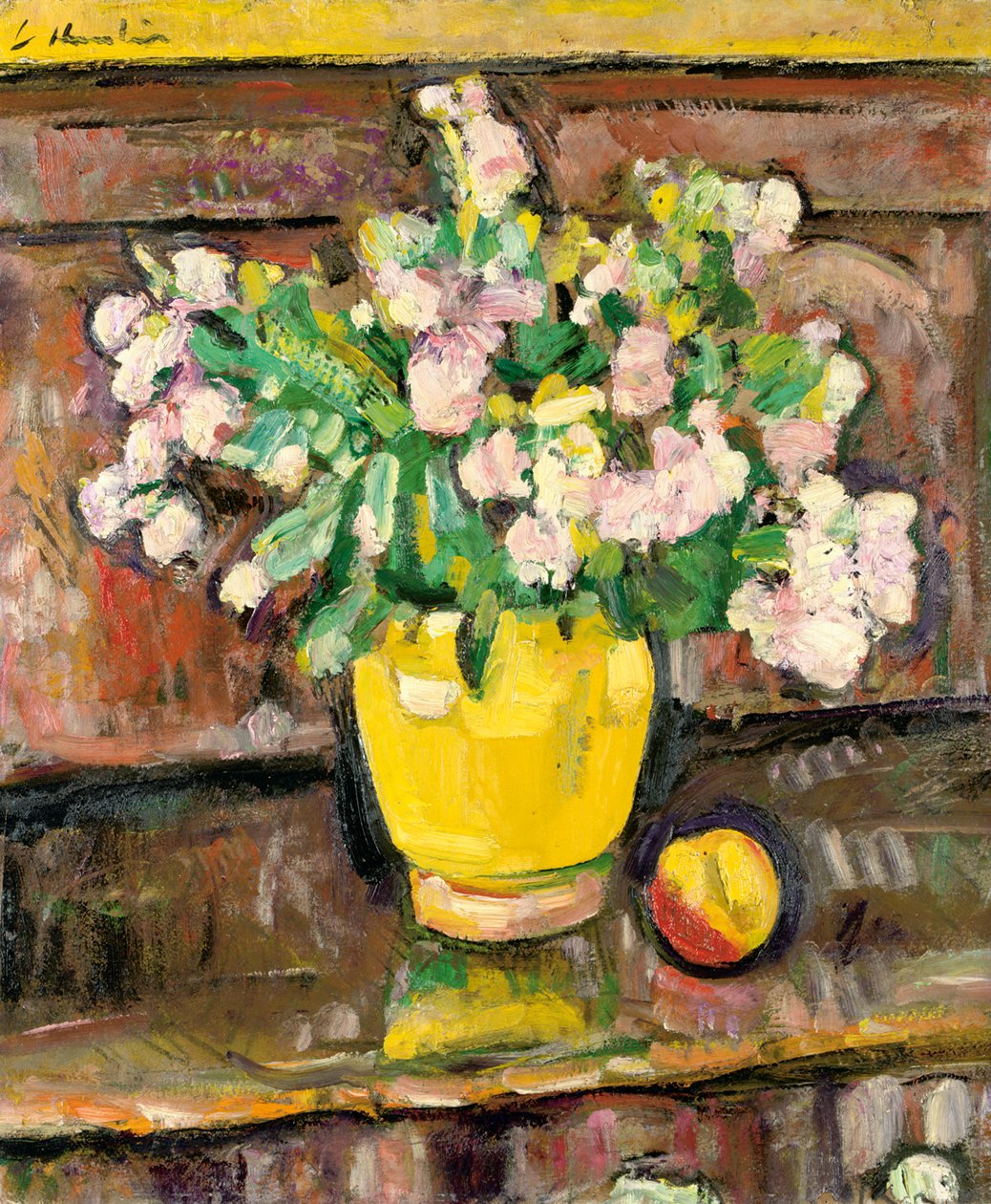 Stilleben med blomster i en gul vase af George Leslie Hunter