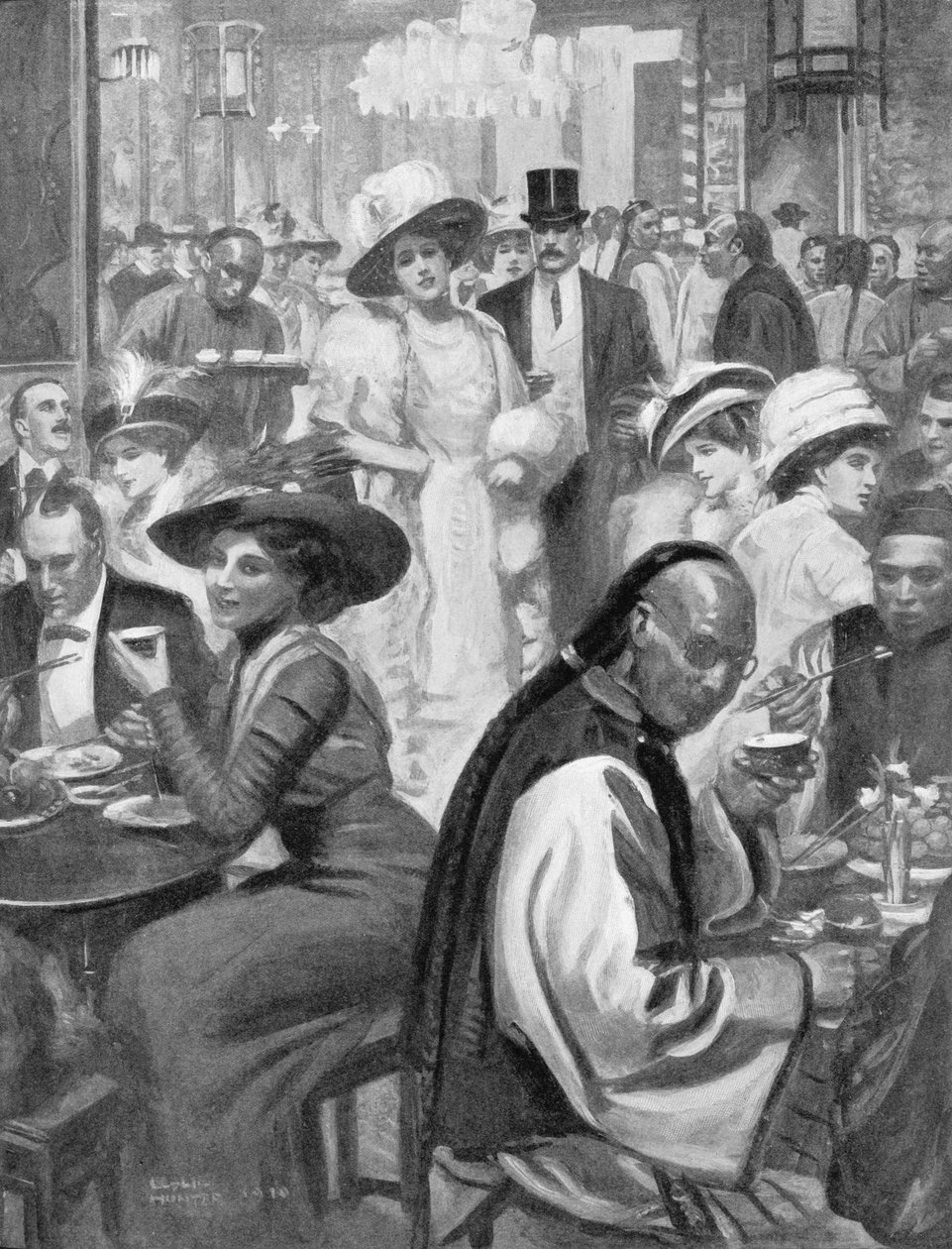 The Latest Craze of American Society, New Yorkere, der spiser på en kinesisk restaurant, illustration fra 