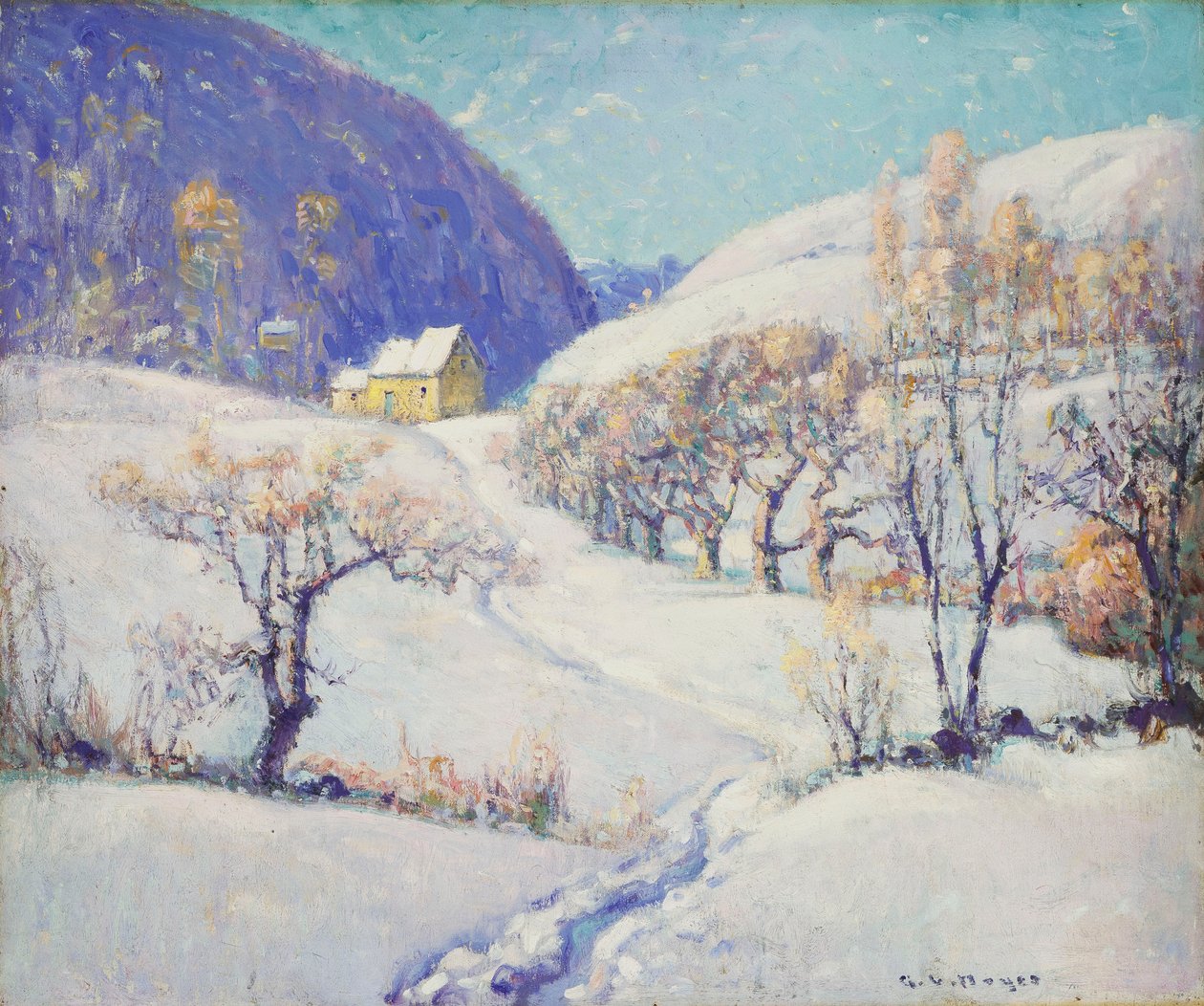 Vinter i dalen (olie på lærred) af George Loftus Noyes