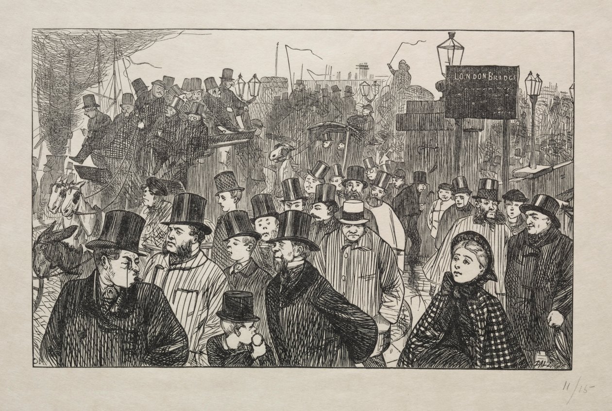 The Living Stream ved London Bridge - On the Bridge, 1863. af George Louis Palmella Busson Du Maurier