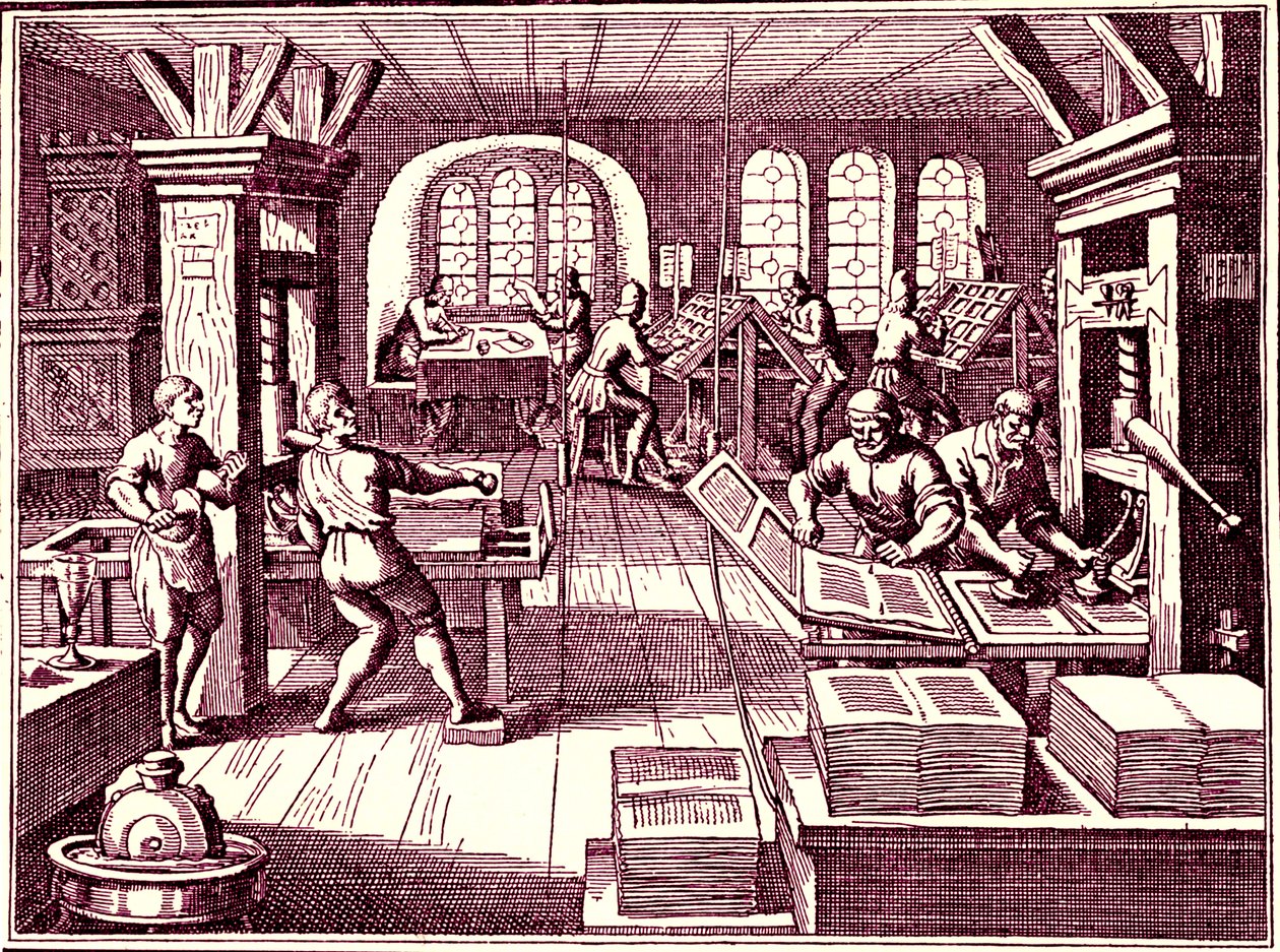 Inde i en trykkeri, Tyskland 1619 (gravering) af Bartolome Esteban and studio Murillo