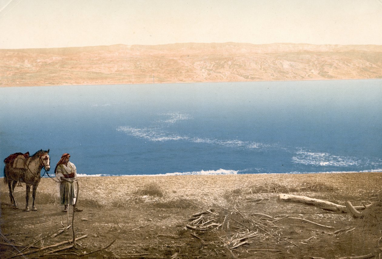 Mand med hest stående nær Det Døde Hav, ca. 1890-c. 1900 (fotokromtryk) af Bartolome Esteban and studio Murillo