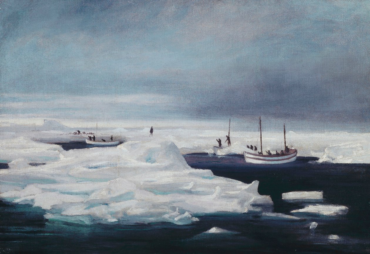 James Caird, Dudley Docker og Stancomb Wills fortøjet til isflagen i Weddellhavet, april 1916 af George Marston