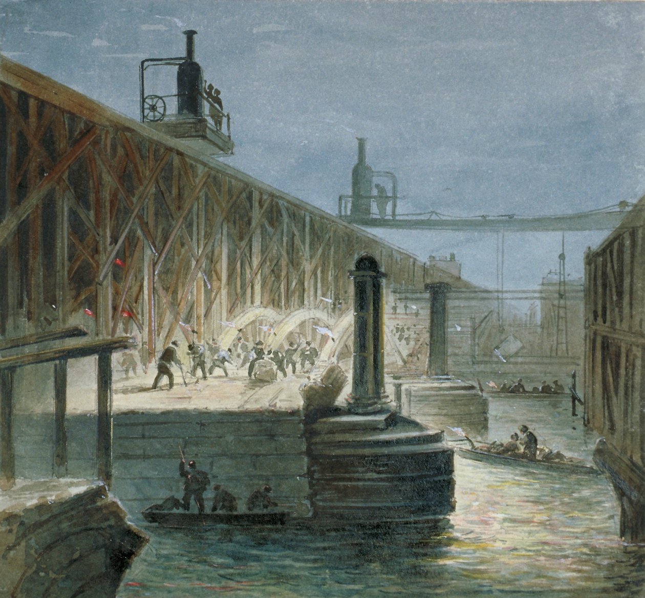 Nedrivningsarbejde udføres på Blackfriars Bridge fra Surrey-kysten, London, 1865 af George Maund