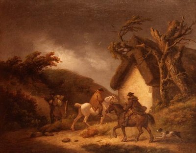 Et stormfuldt skovlandskab med rejsende af George Morland
