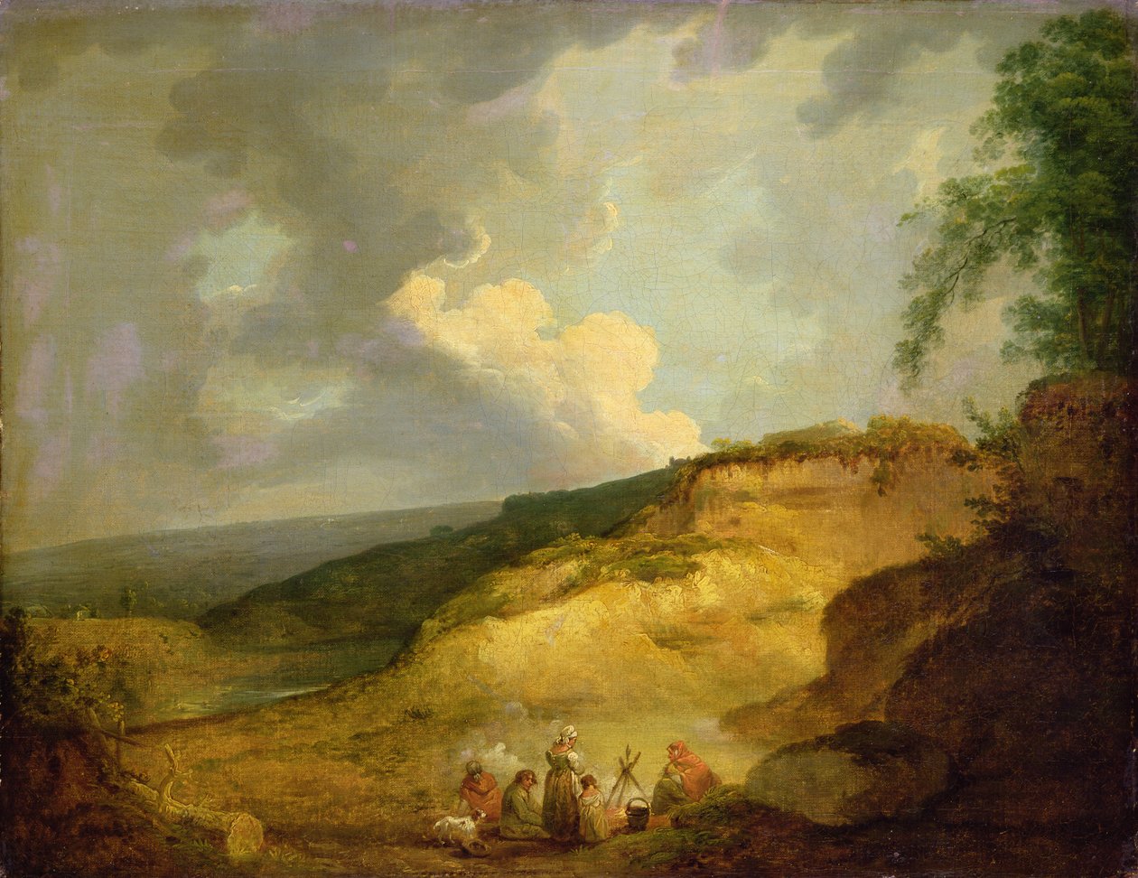Et omfattende bjergrigt landskab med en sigøjnerlejr i forgrunden (olie på lærred) af George Morland