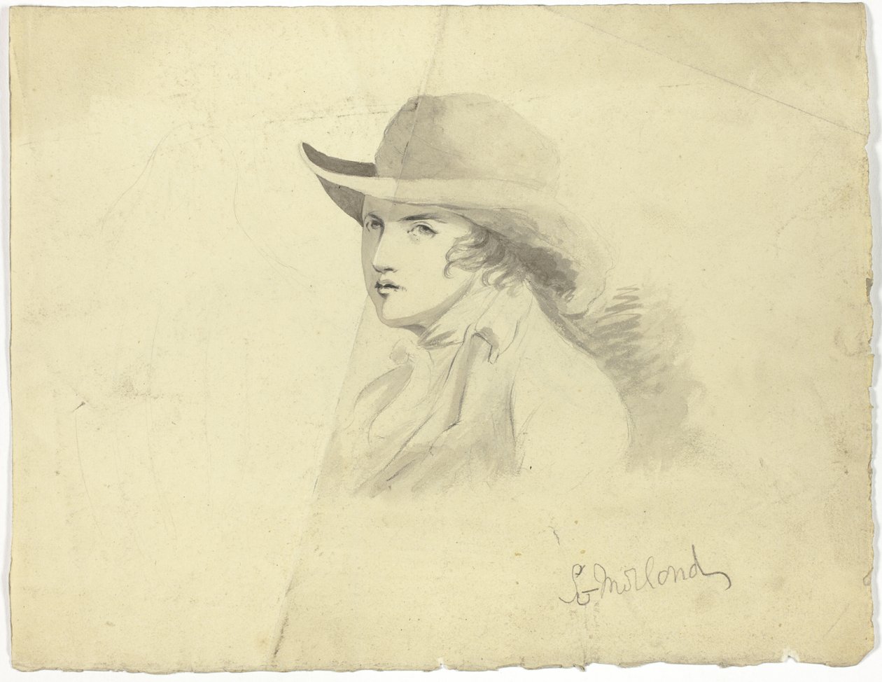 Buste af ung mand med hat (recto); englehoved (verso) af George Morland