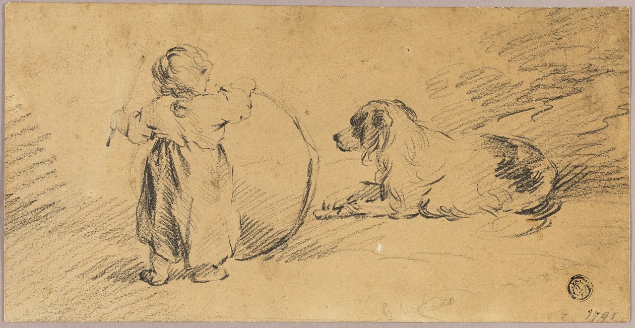 Barn leger med bold og hund af George Morland