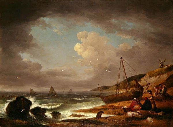 Kystscene med mænd, der reparerer en båd (olie på lærred) af George Morland