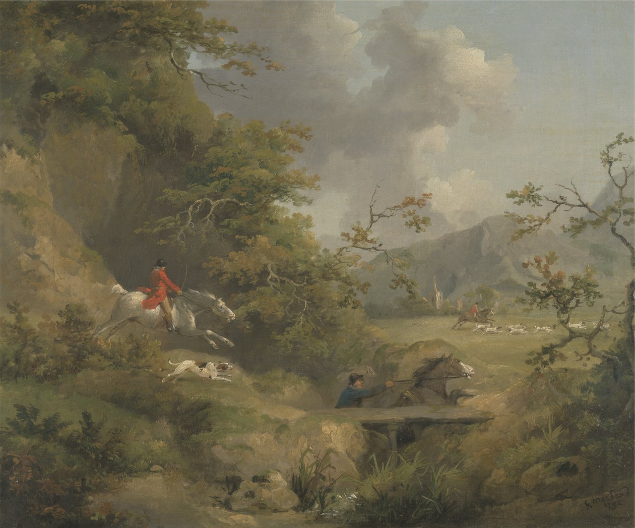 Rævejagt i kuperet land (olie på lærred) af George Morland