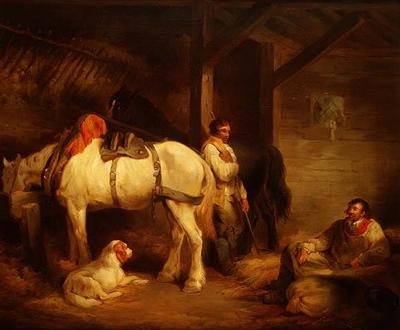Arbejdere og Carthorses i et stabilt interiør af George Morland