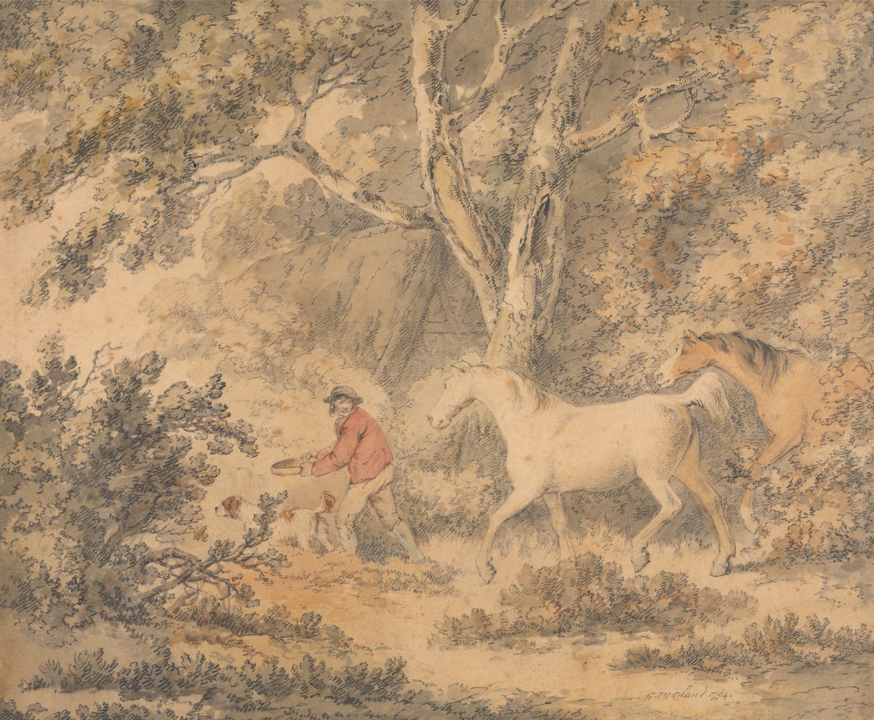 Landskab med heste, landmand og hund af George Morland