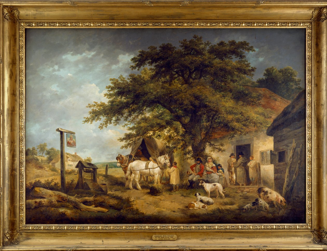 Landskab med figurer ved døren til en kro (olie på lærred) af George Morland