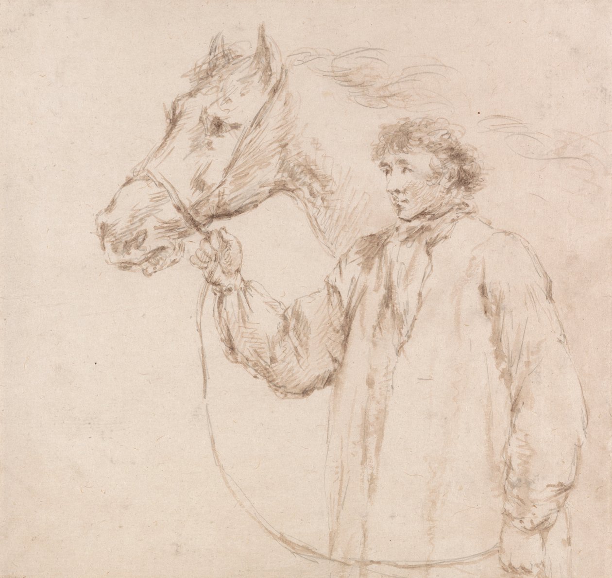 Mand holder hest ved tøjlen af George Morland