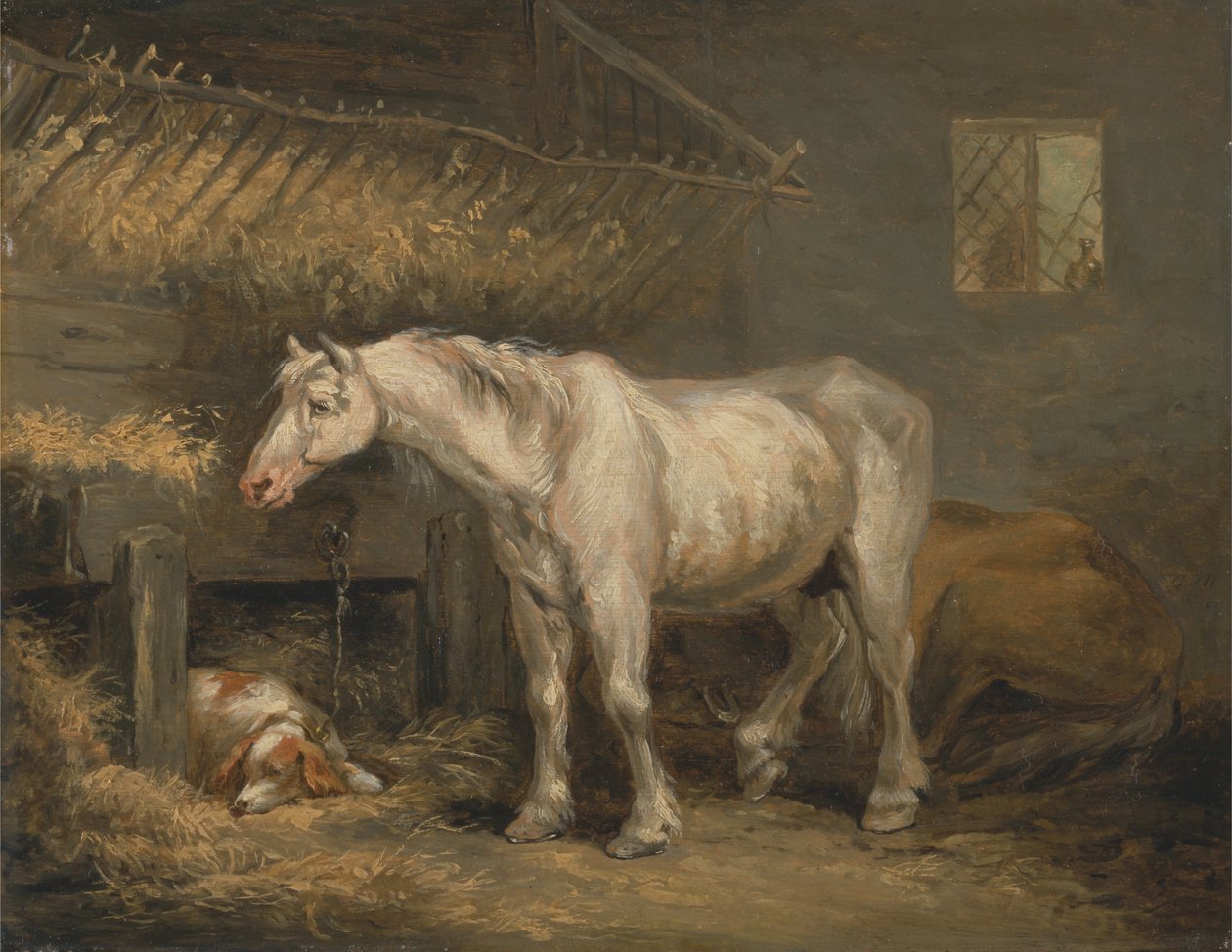 Gamle heste med en hund i en stald af George Morland