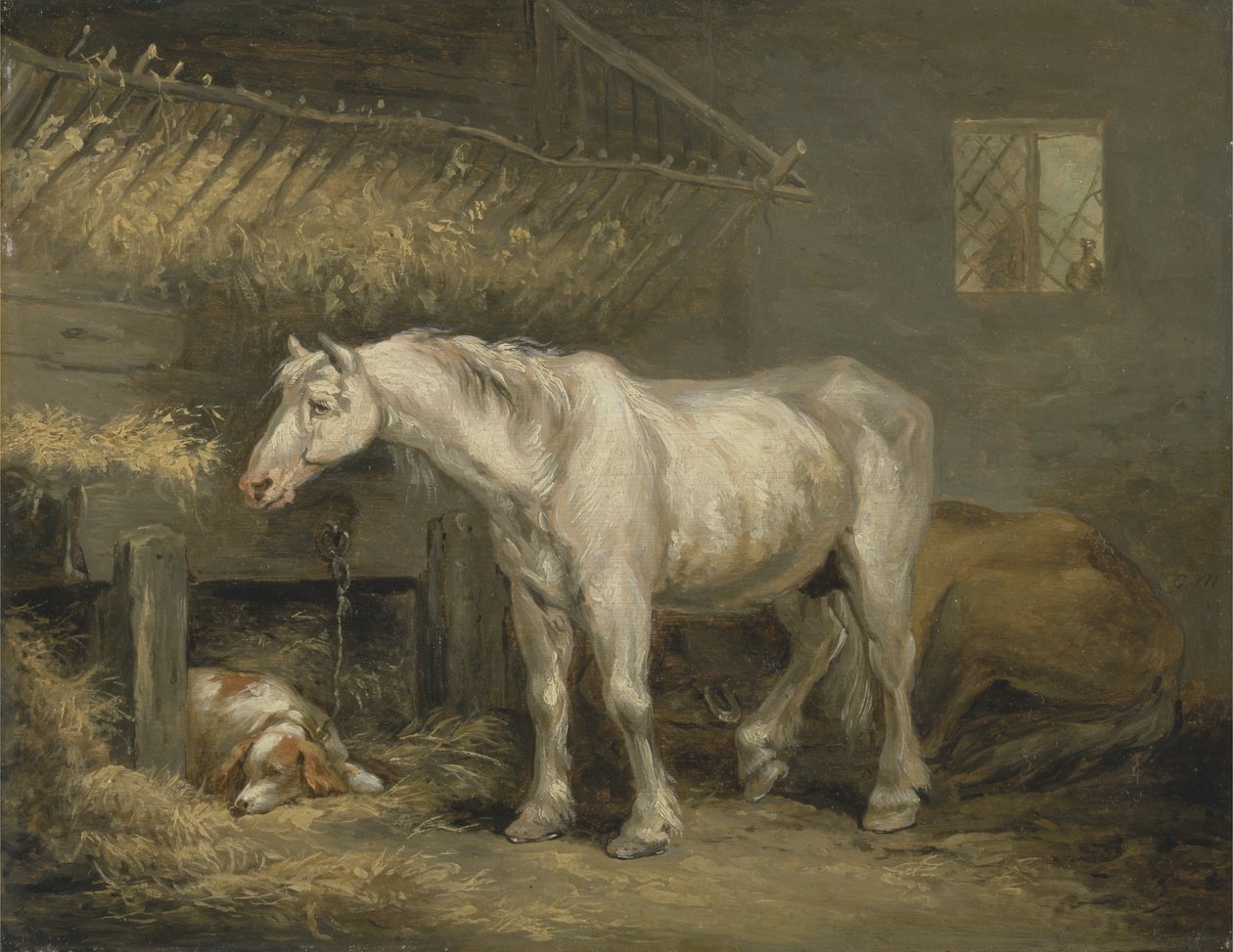 Gamle heste med en hund i en stald, ca. 1791 (olie på panel) af George Morland