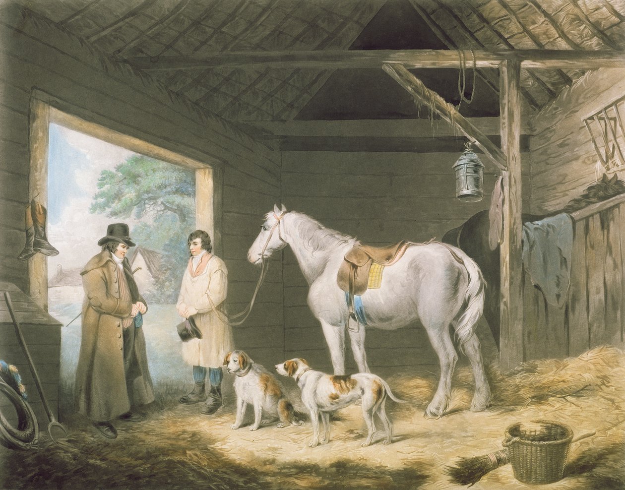 Paying the Hostler, indgraveret af Samuel William Reynolds (1773-1835), pub. af H. Macklin, 1805 (mezzotintgravering) af George Morland
