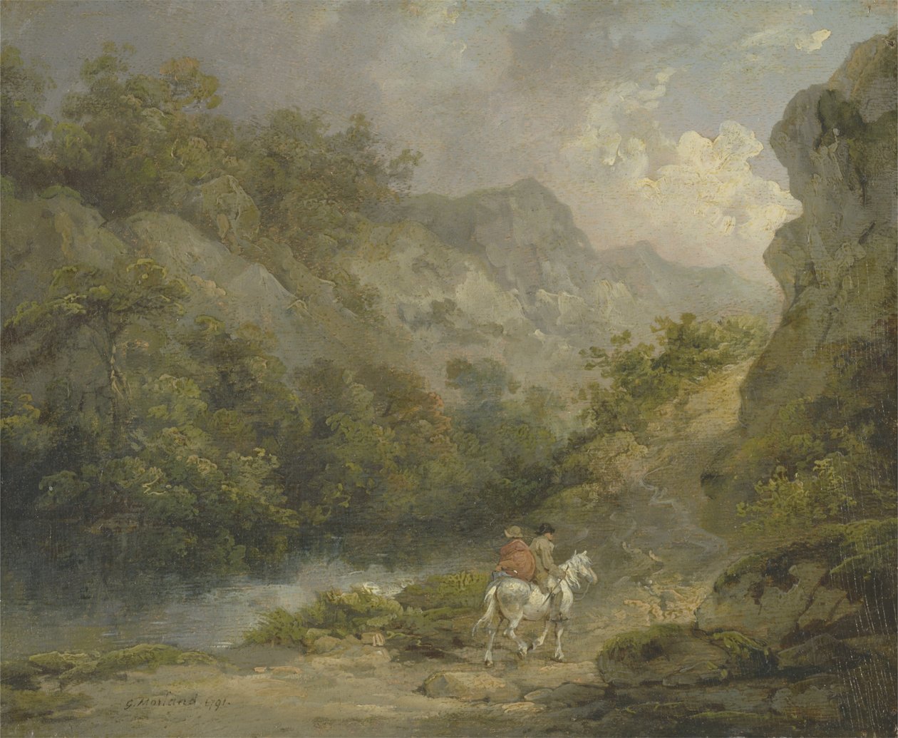 Klippelandskab med to mænd på en hest af George Morland
