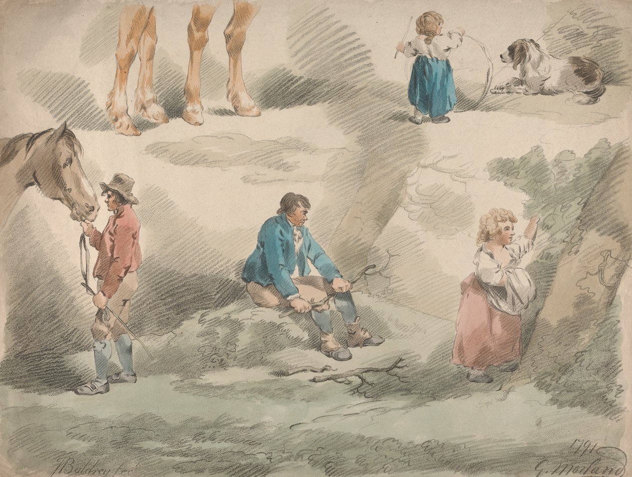 Sæt på fem: Studier af piger, en leger med bøjlen, en plukker bær, mand og hest osv. af George Morland