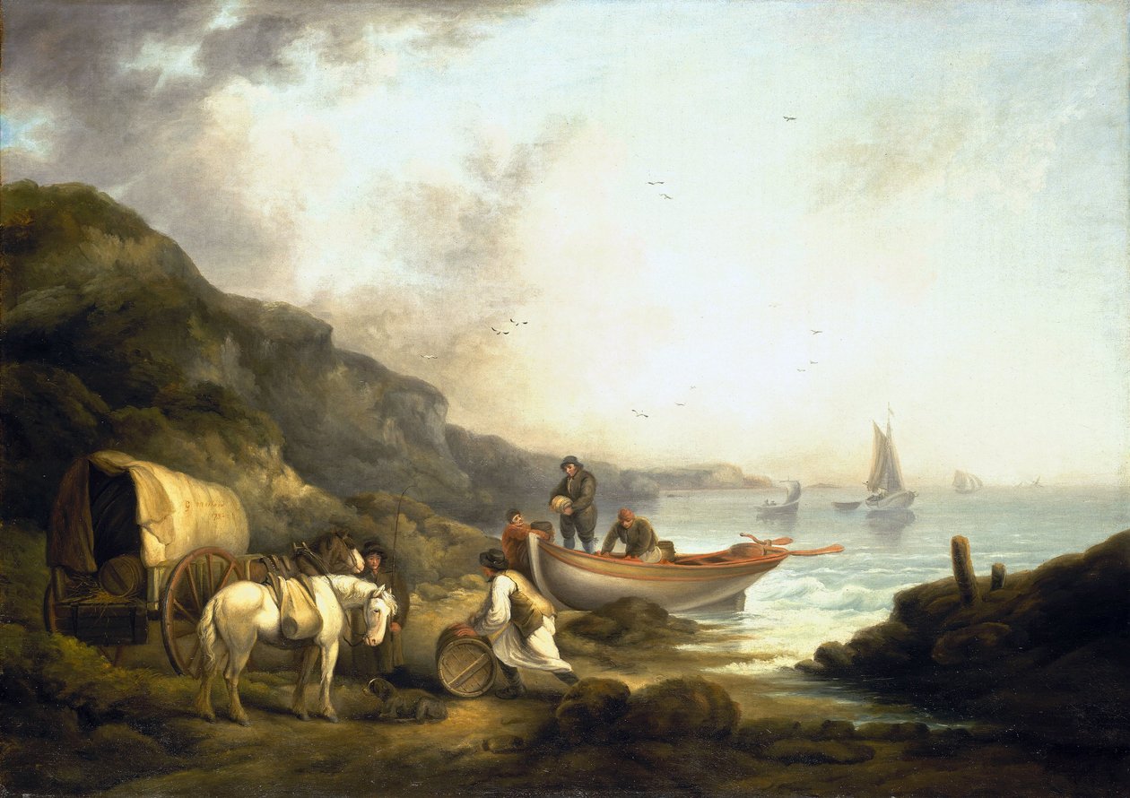 Smuglertrafik på kysten. Olie på lærred, begyndelsen af det 19. århundrede, af George Morland (1763-1804). af George Morland