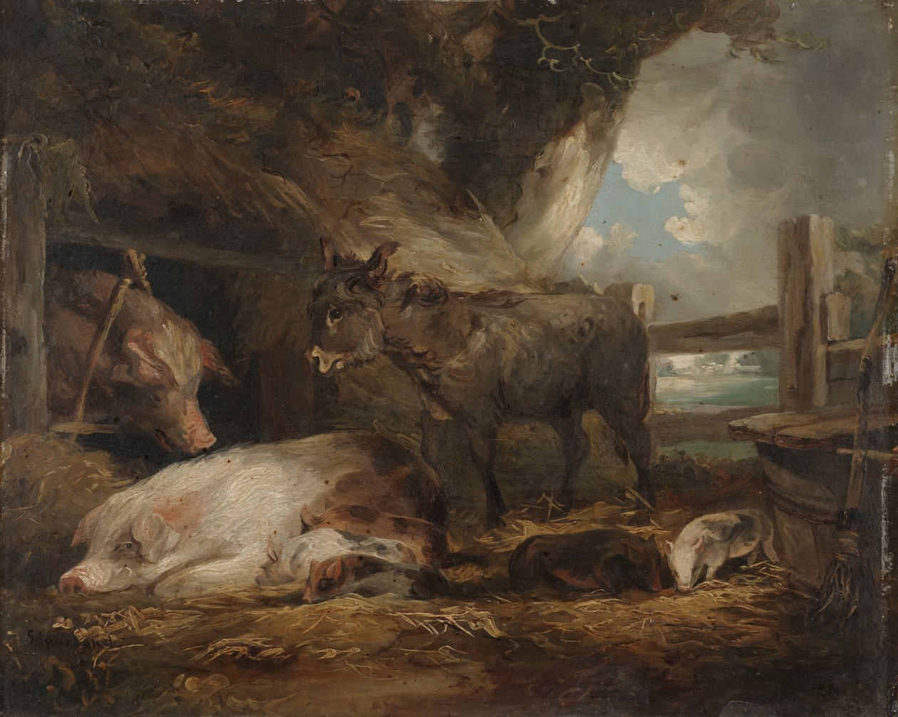 Besøg på grisestalden (olie om bord) af George Morland