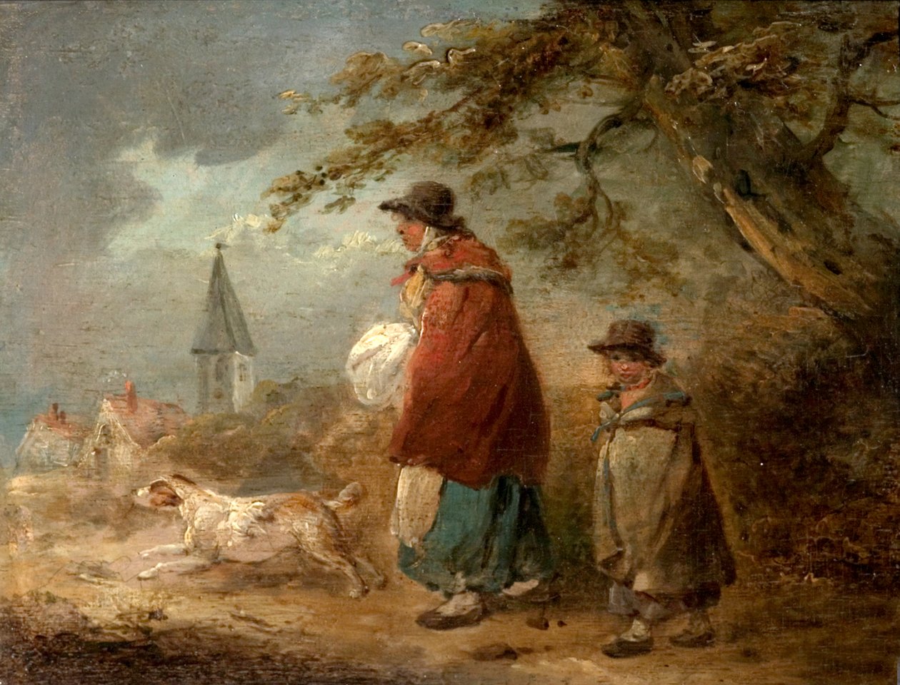 Kvinde, barn og hund på en vej af George Morland