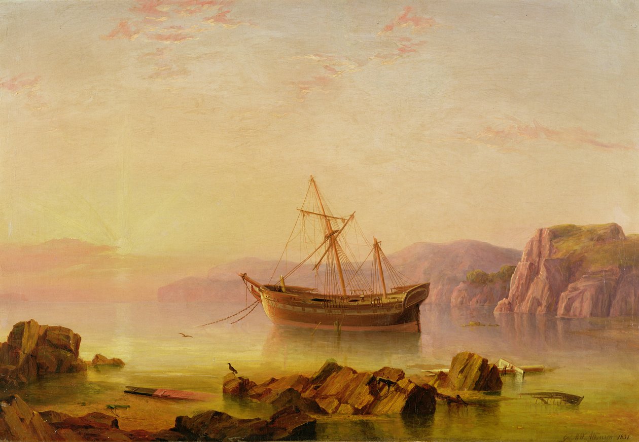 Et skib for anker i en bugt ved solnedgang af George Mounsey Wheatley Atkinson