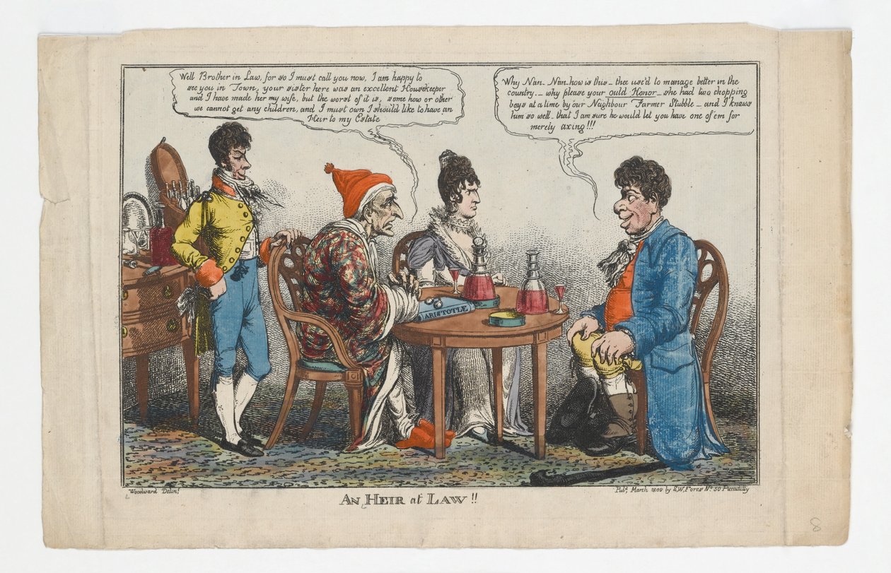 An HEIR at LAW !!!, tryk udført af Charles Williams, 1808 (håndkoloreret stik) af George Moutard Woodward