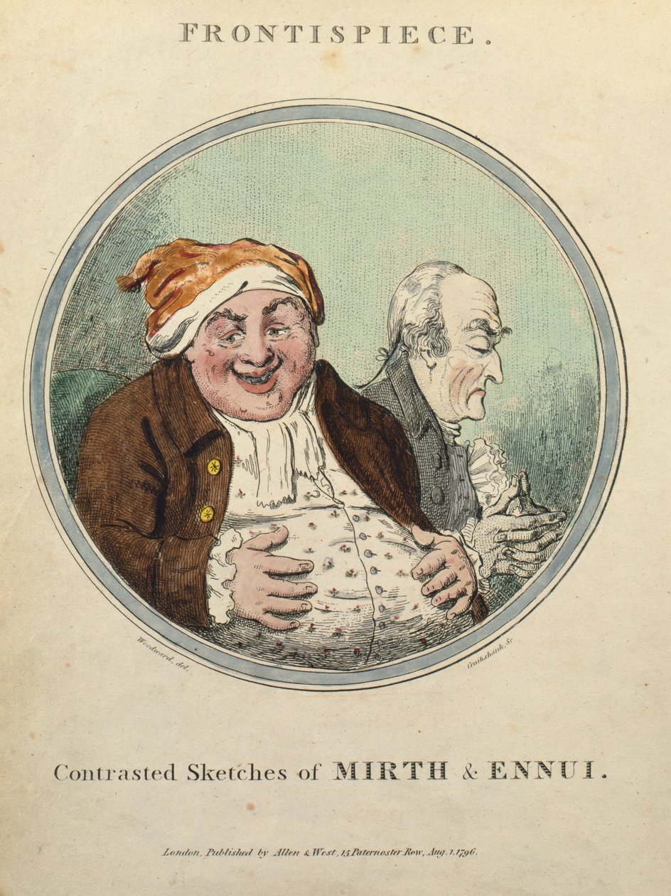 Kontrasterede skitser af Mirth og Ennui (håndfarvet radering) af George Moutard Woodward
