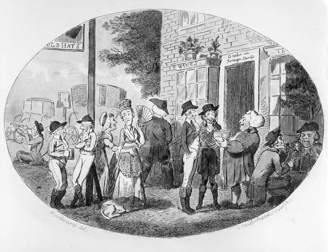 Udenfor Old Hats Tavern, indgraveret af Isaac Cruikshank, 1796 af George Moutard Woodward