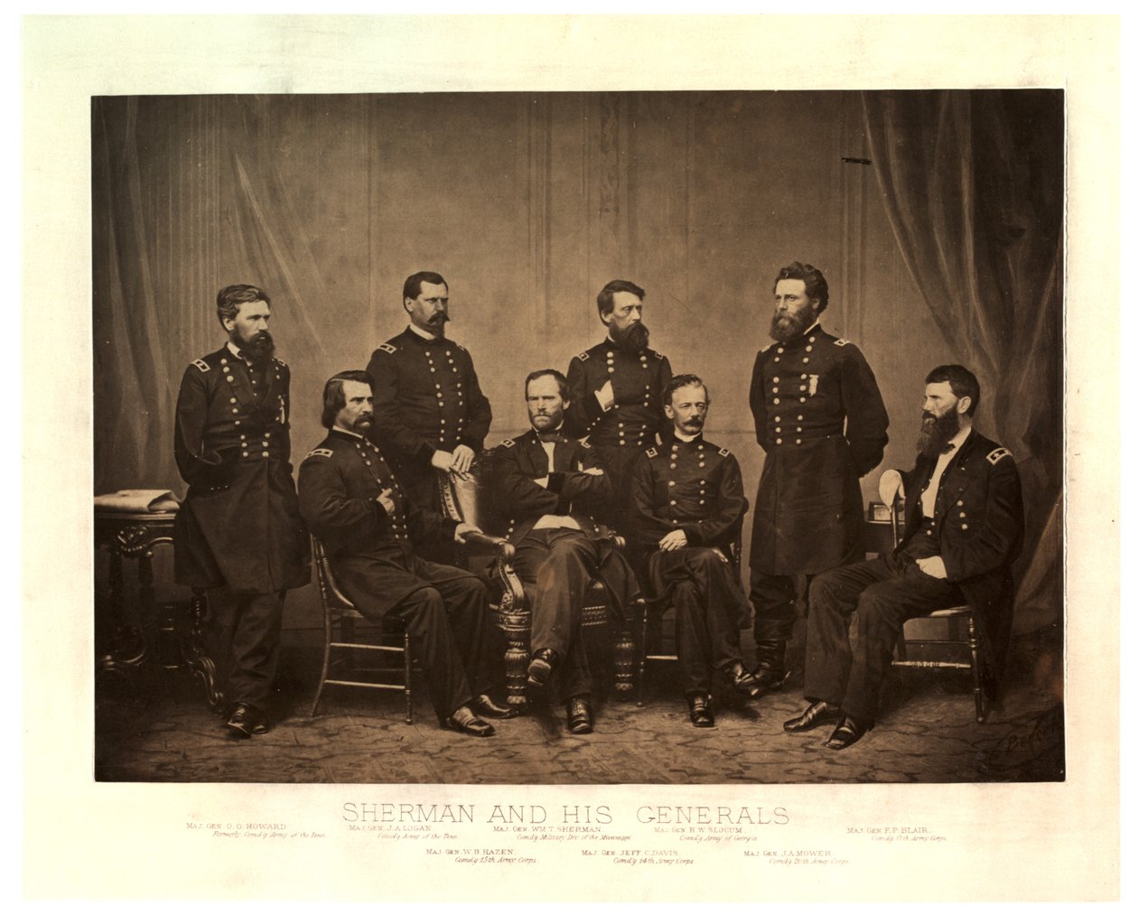 Sherman og hans generaler [Blair tilføjet fra et andet negativ før trykning], 1865 (sepiafoto) af George N. Barnard