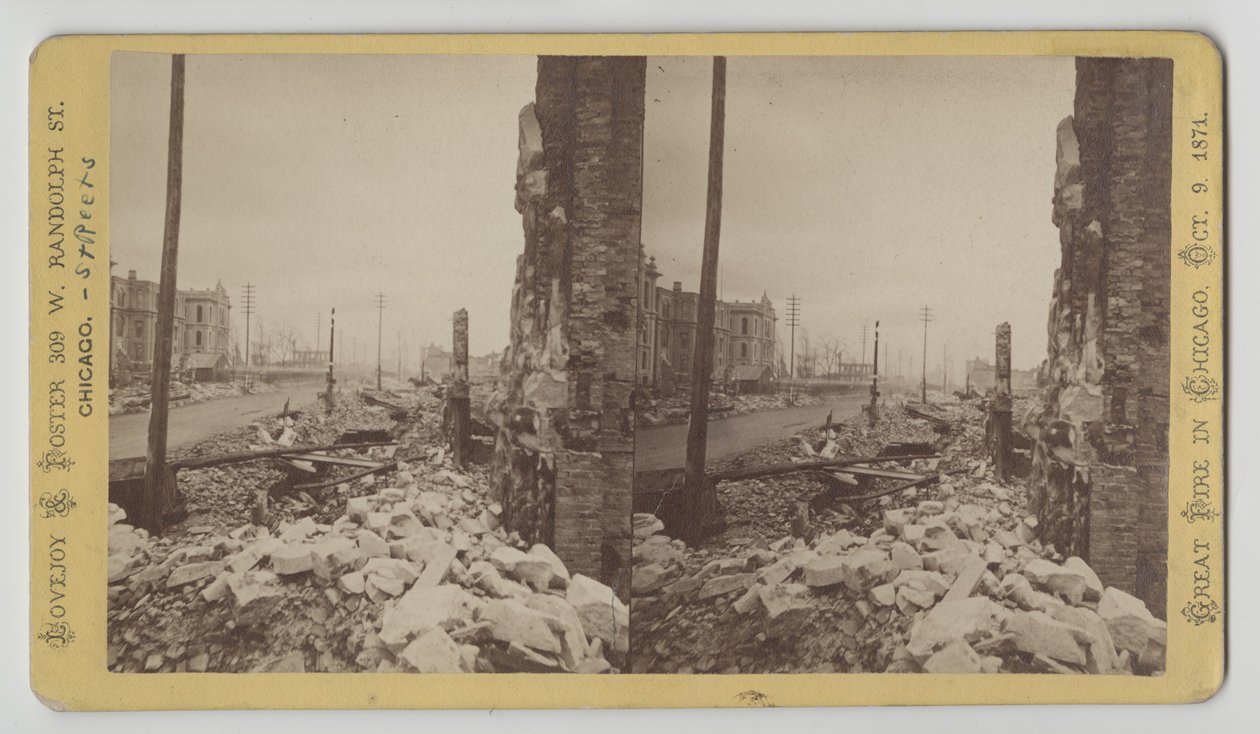 Stereograf af Washington Street fra hjørnet af LaSalle Street med udsigt mod øst efter Chicago-branden i 1871, 1871 (bw-foto på kortholder) af George N. Barnard