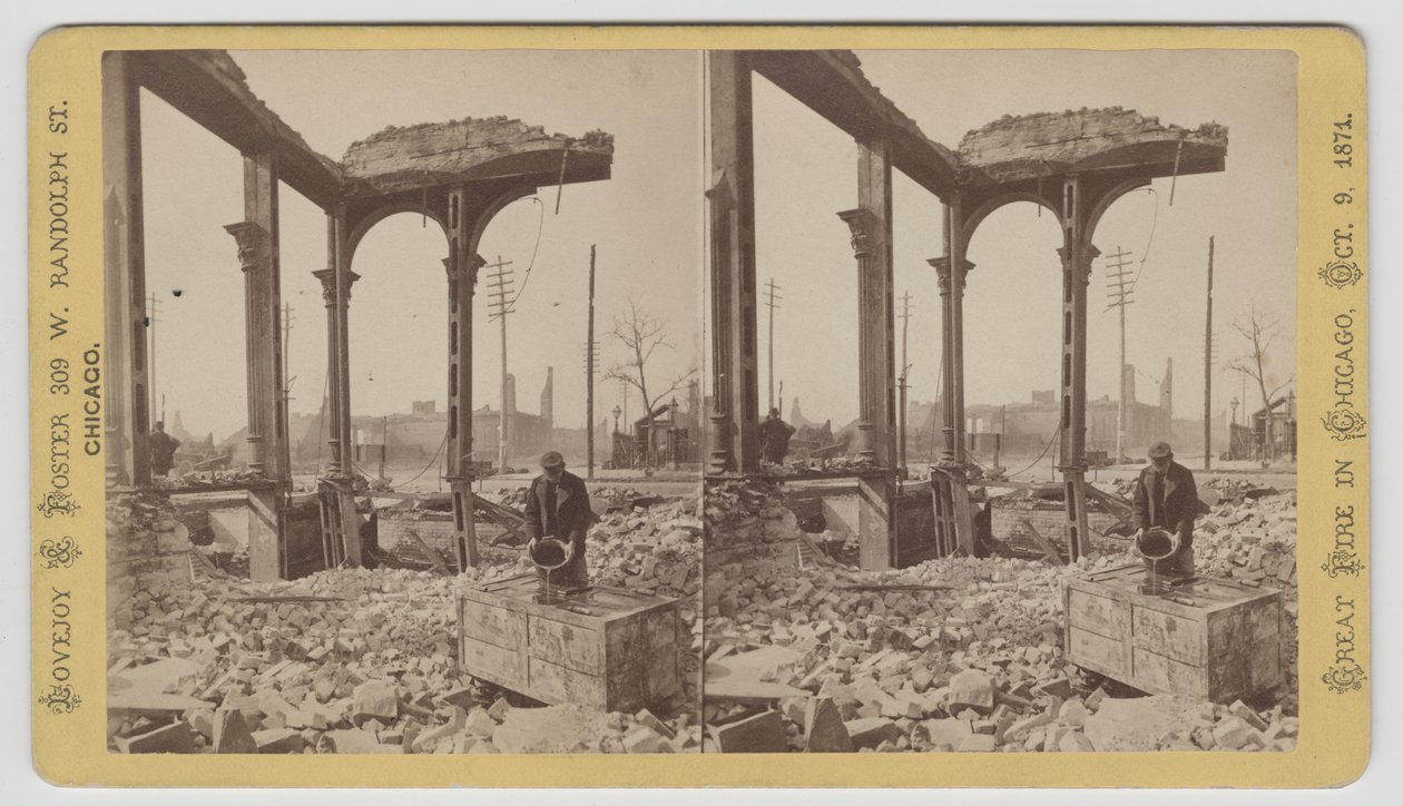 Stereograf af en mand, der køler et pengeskab blandt ruinerne efter Chicago-branden i 1871, 1871 (bw-foto på kortholder) af George N. Barnard